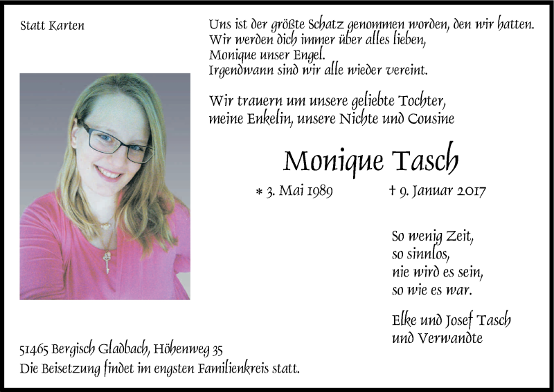  Traueranzeige für Monique Tasch vom 17.01.2017 aus Kölner Stadt-Anzeiger / Kölnische Rundschau / Express