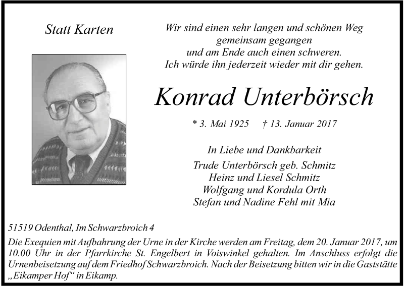  Traueranzeige für Konrad Unterbörsch vom 17.01.2017 aus Kölner Stadt-Anzeiger / Kölnische Rundschau / Express