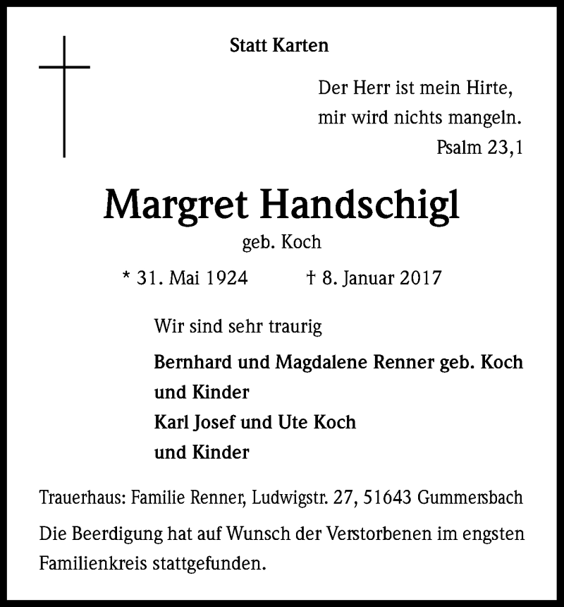  Traueranzeige für Margret Handschigl vom 16.01.2017 aus Kölner Stadt-Anzeiger / Kölnische Rundschau / Express