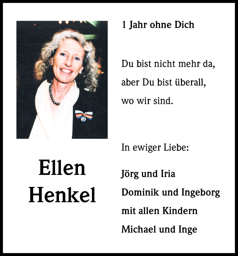  Traueranzeige für Ellen Henkel vom 16.01.2017 aus Kölner Stadt-Anzeiger / Kölnische Rundschau / Express