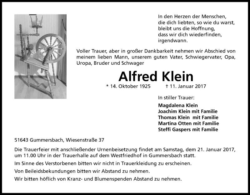  Traueranzeige für Alfred Klein vom 17.01.2017 aus Kölner Stadt-Anzeiger / Kölnische Rundschau / Express