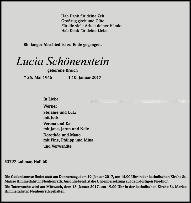  Traueranzeige für Lucia Schönenstein vom 16.01.2017 aus Kölner Stadt-Anzeiger / Kölnische Rundschau / Express