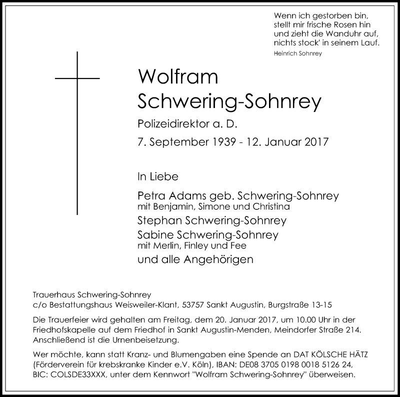  Traueranzeige für Wolfram Schwering-Sohnrey vom 17.01.2017 aus Kölner Stadt-Anzeiger / Kölnische Rundschau / Express