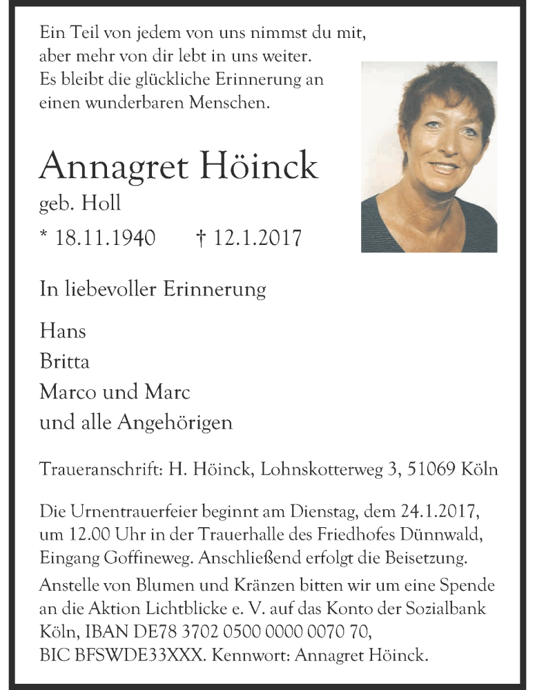  Traueranzeige für Annagret Höinck vom 23.01.2017 aus Kölner Stadt-Anzeiger / Kölnische Rundschau / Express