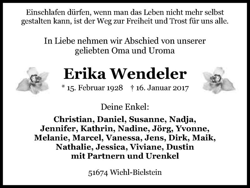  Traueranzeige für Erika Wendeler vom 18.01.2017 aus Kölner Stadt-Anzeiger / Kölnische Rundschau / Express