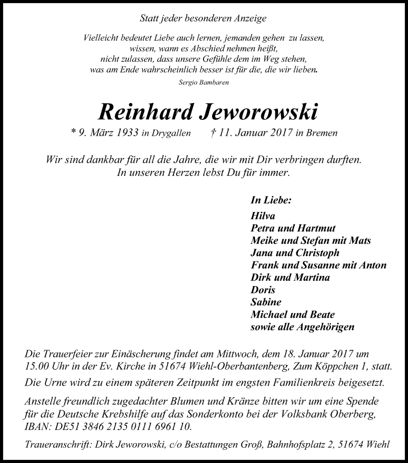  Traueranzeige für Reinhard Jeworowski vom 14.01.2017 aus Kölner Stadt-Anzeiger / Kölnische Rundschau / Express