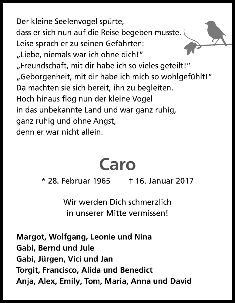  Traueranzeige für Carolin Müller-Surbach vom 21.01.2017 aus Kölner Stadt-Anzeiger / Kölnische Rundschau / Express