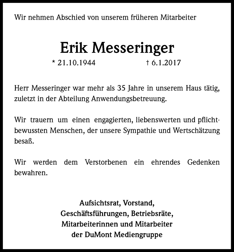  Traueranzeige für Erik Messeringer vom 14.01.2017 aus Kölner Stadt-Anzeiger / Kölnische Rundschau / Express