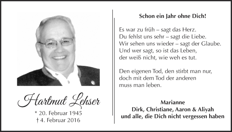  Traueranzeige für Hartmut Lehser vom 28.01.2017 aus  Blickpunkt Euskirchen 
