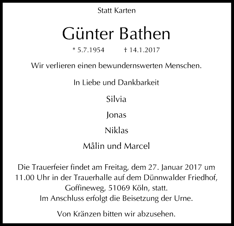  Traueranzeige für Günter Bathen vom 21.01.2017 aus Kölner Stadt-Anzeiger / Kölnische Rundschau / Express