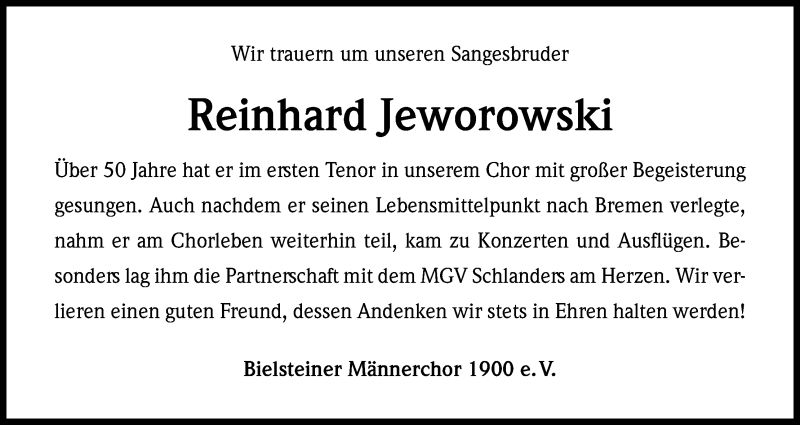  Traueranzeige für Reinhard Jeworowski vom 19.01.2017 aus Kölner Stadt-Anzeiger / Kölnische Rundschau / Express