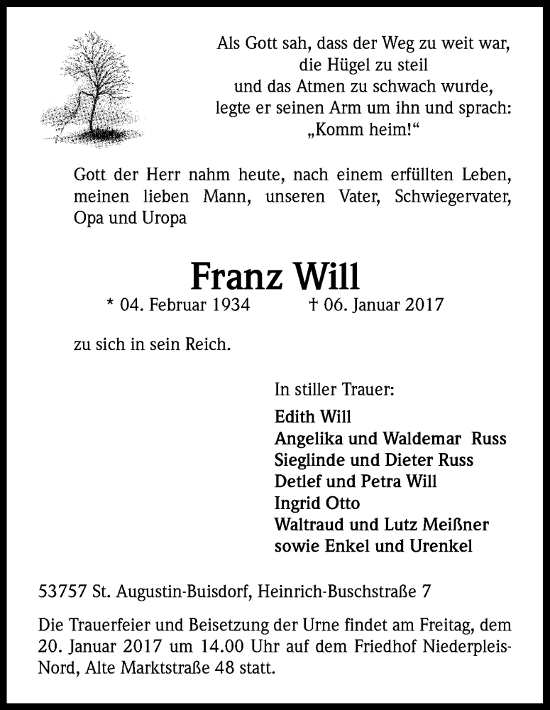  Traueranzeige für Franz Will vom 17.01.2017 aus Kölner Stadt-Anzeiger / Kölnische Rundschau / Express