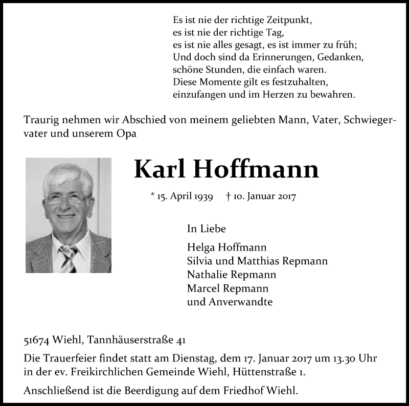  Traueranzeige für Karl Hoffmann vom 14.01.2017 aus Kölner Stadt-Anzeiger / Kölnische Rundschau / Express