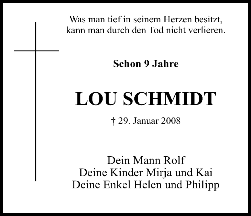  Traueranzeige für Lou Schmidt vom 28.01.2017 aus Kölner Stadt-Anzeiger / Kölnische Rundschau / Express