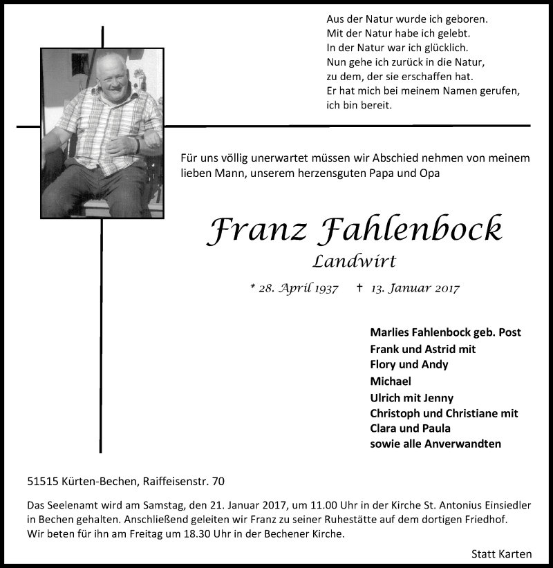  Traueranzeige für Franz Fahlenbock vom 17.01.2017 aus Kölner Stadt-Anzeiger / Kölnische Rundschau / Express