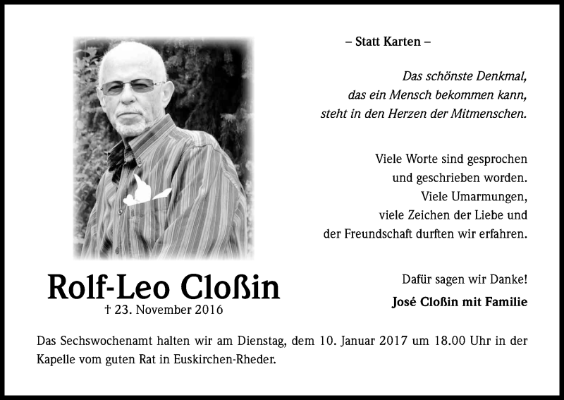  Traueranzeige für Rolf-Leo Cloßin vom 07.01.2017 aus Kölner Stadt-Anzeiger / Kölnische Rundschau / Express
