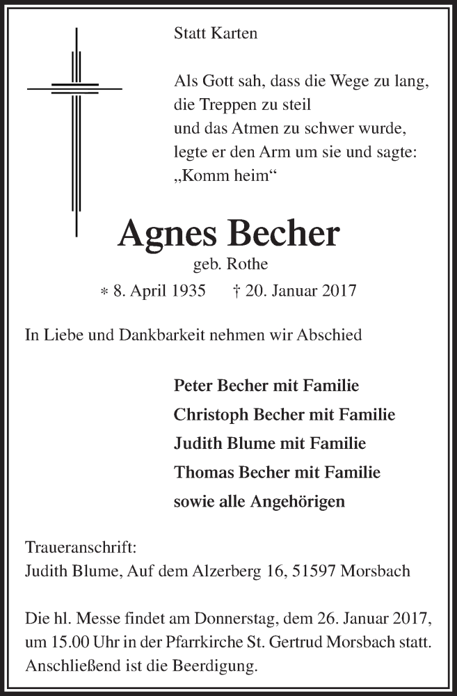  Traueranzeige für Agnes Becher vom 25.01.2017 aus  Lokalanzeiger 