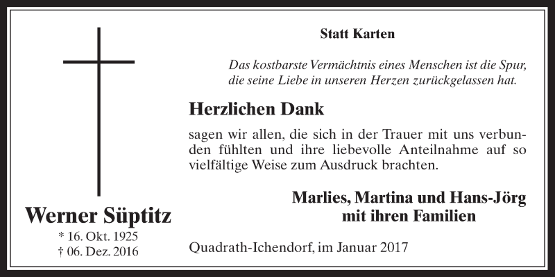  Traueranzeige für Werner Süptitz vom 18.01.2017 aus  Werbepost 