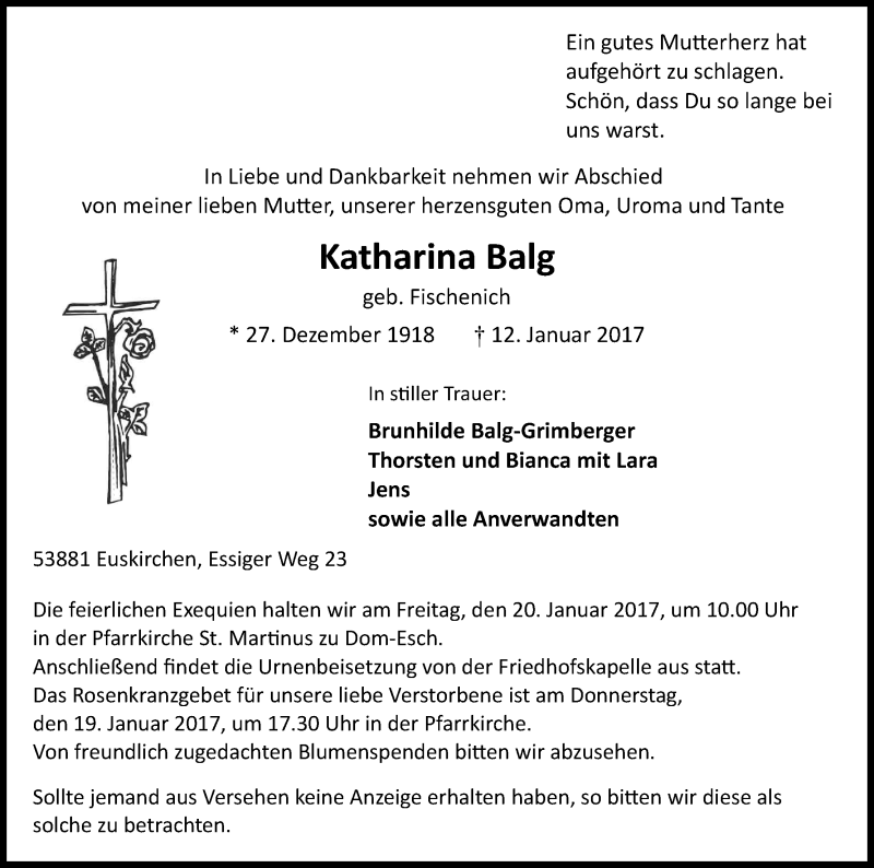  Traueranzeige für Katharina Balg vom 17.01.2017 aus Kölner Stadt-Anzeiger / Kölnische Rundschau / Express