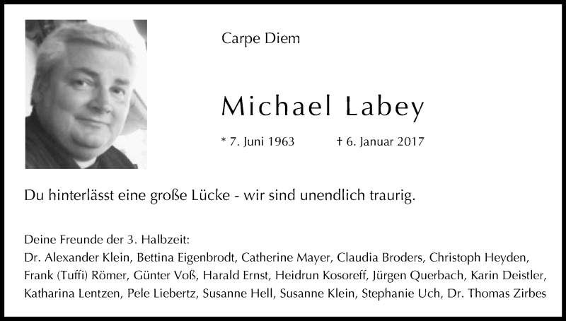  Traueranzeige für Michael Labey vom 14.01.2017 aus Kölner Stadt-Anzeiger / Kölnische Rundschau / Express