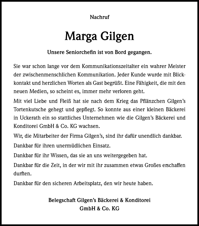  Traueranzeige für Marga Gilgen vom 18.01.2017 aus Kölner Stadt-Anzeiger / Kölnische Rundschau / Express