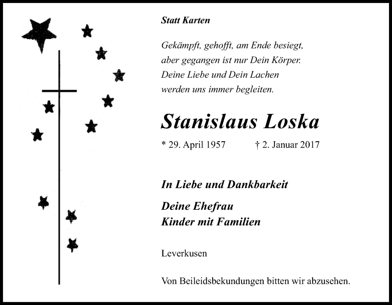  Traueranzeige für Stanislaus Loska vom 11.01.2017 aus Kölner Stadt-Anzeiger / Kölnische Rundschau / Express