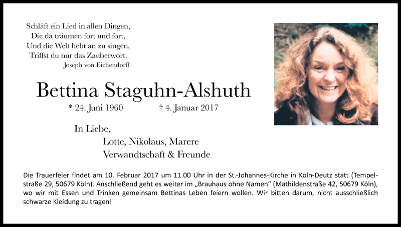  Traueranzeige für Bettina Staguhn-Alshuth vom 21.01.2017 aus Kölner Stadt-Anzeiger / Kölnische Rundschau / Express