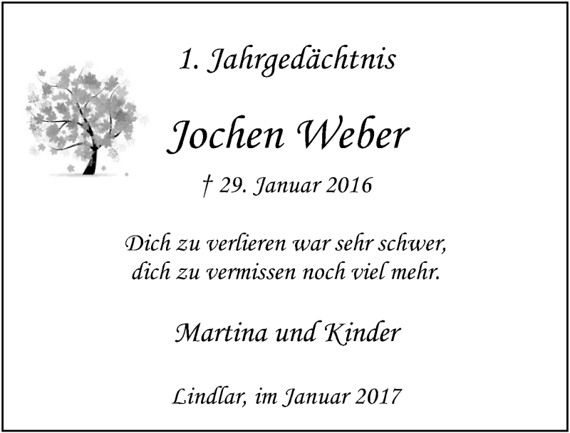 Traueranzeige für Jochen Weber vom 25.01.2017 aus  Anzeigen Echo 