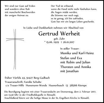 Anzeige von Gertrud Werheit von Kölner Stadt-Anzeiger / Kölnische Rundschau / Express