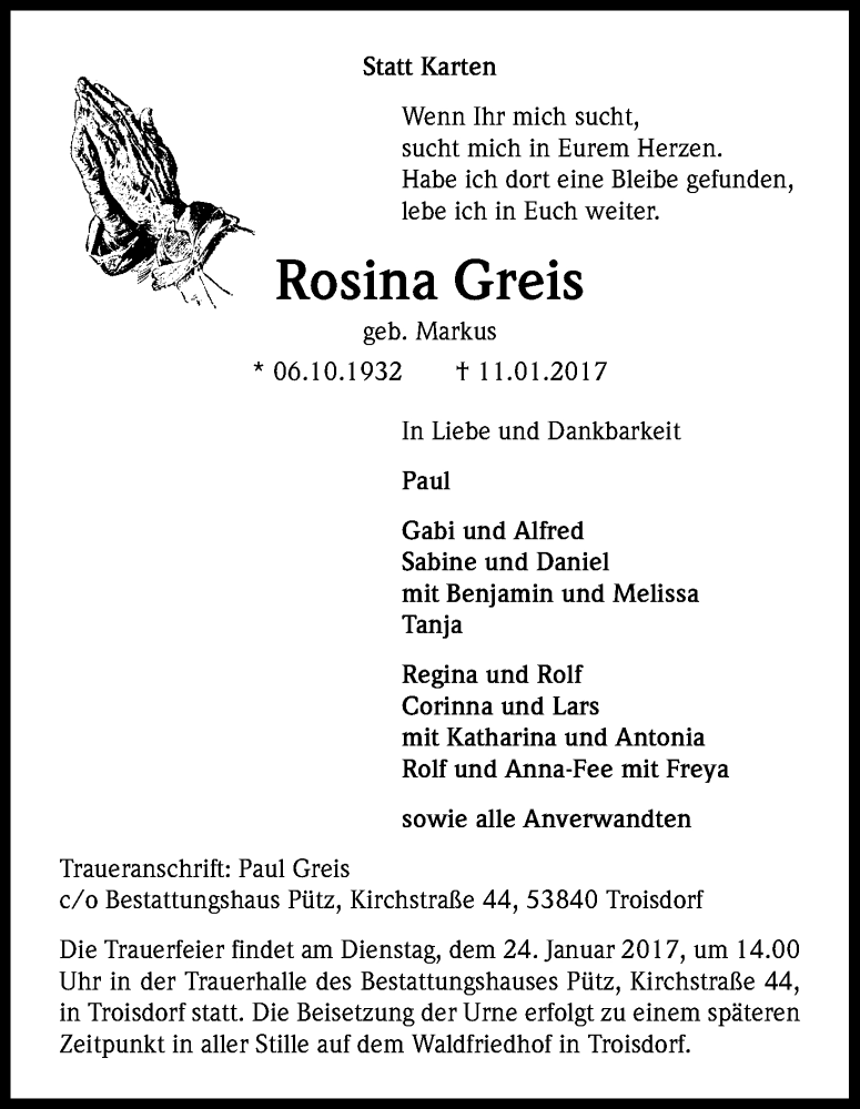  Traueranzeige für Rosina Greis vom 14.01.2017 aus Kölner Stadt-Anzeiger / Kölnische Rundschau / Express