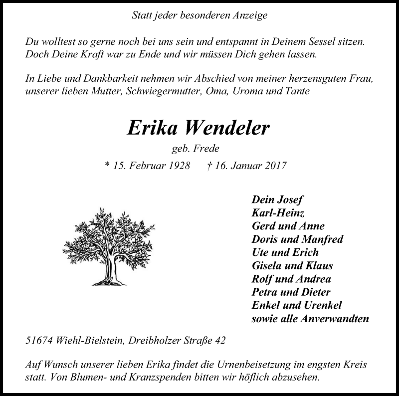  Traueranzeige für Erika Wendeler vom 18.01.2017 aus Kölner Stadt-Anzeiger / Kölnische Rundschau / Express