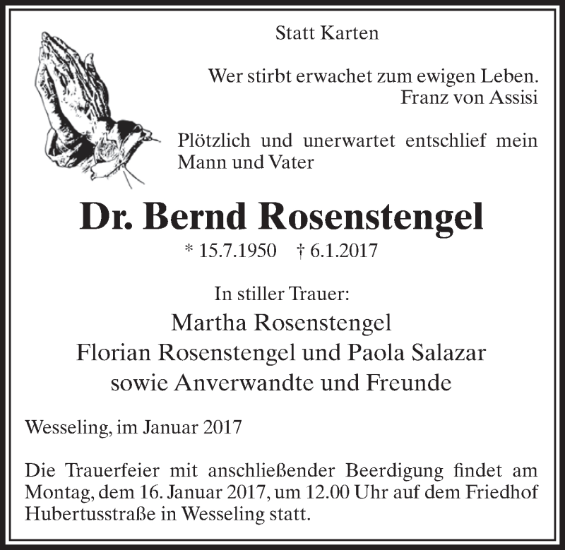  Traueranzeige für Bernd Rosenstengel vom 11.01.2017 aus  Schlossbote/Werbekurier 