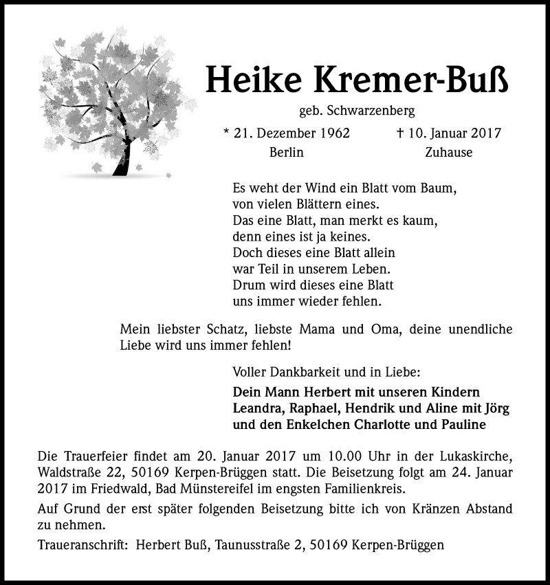  Traueranzeige für Heike Kremer-Buß vom 14.01.2017 aus Kölner Stadt-Anzeiger / Kölnische Rundschau / Express