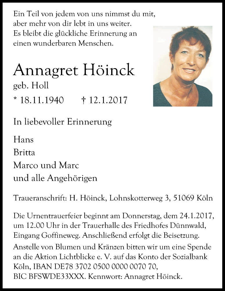  Traueranzeige für Annagret Höinck vom 21.01.2017 aus Kölner Stadt-Anzeiger / Kölnische Rundschau / Express