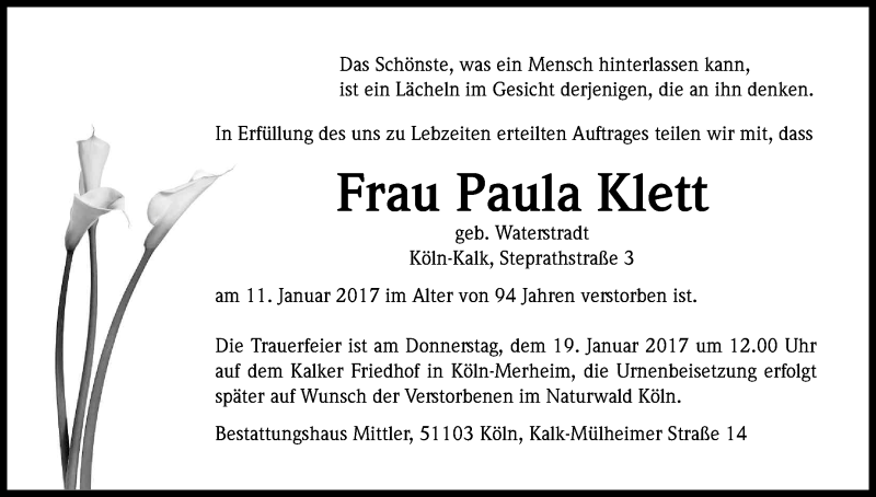  Traueranzeige für Paula Klett vom 14.01.2017 aus Kölner Stadt-Anzeiger / Kölnische Rundschau / Express