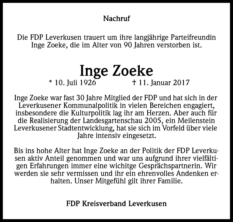  Traueranzeige für Inge Zoeke vom 23.01.2017 aus Kölner Stadt-Anzeiger / Kölnische Rundschau / Express