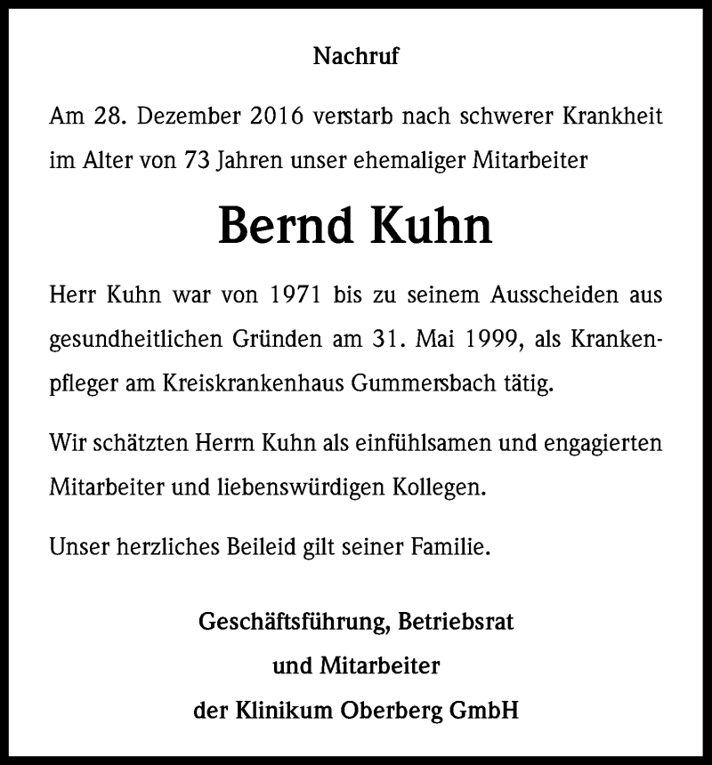  Traueranzeige für Bernd Kuhn vom 21.01.2017 aus Kölner Stadt-Anzeiger / Kölnische Rundschau / Express