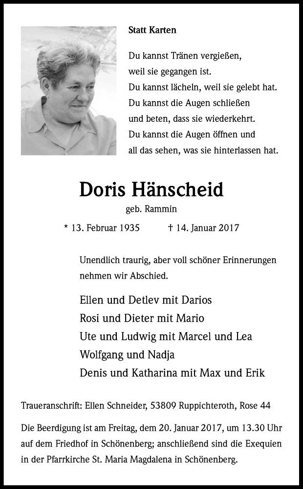  Traueranzeige für Doris Hänscheid vom 17.01.2017 aus Kölner Stadt-Anzeiger / Kölnische Rundschau / Express