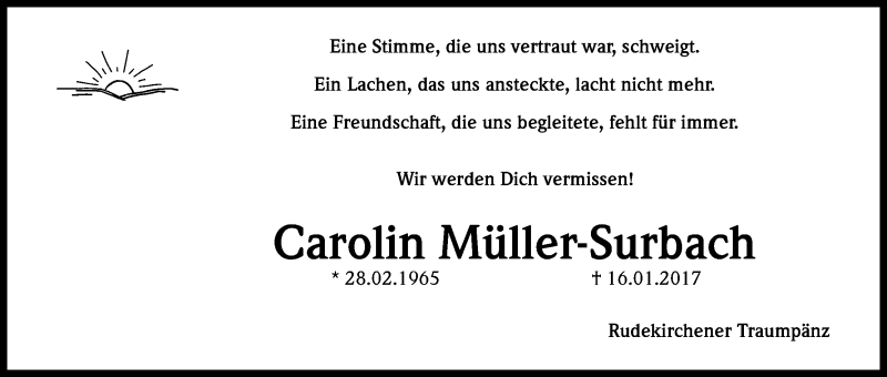  Traueranzeige für Carolin Müller-Surbach vom 21.01.2017 aus Kölner Stadt-Anzeiger / Kölnische Rundschau / Express