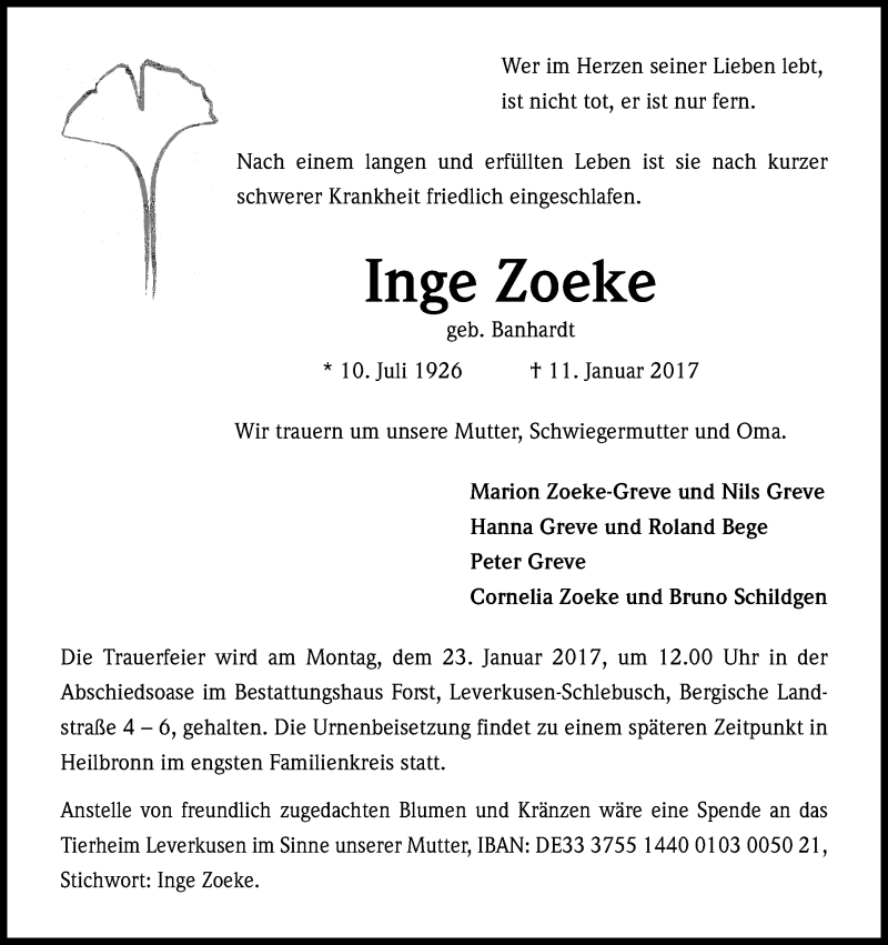  Traueranzeige für Inge Zoeke vom 18.01.2017 aus Kölner Stadt-Anzeiger / Kölnische Rundschau / Express