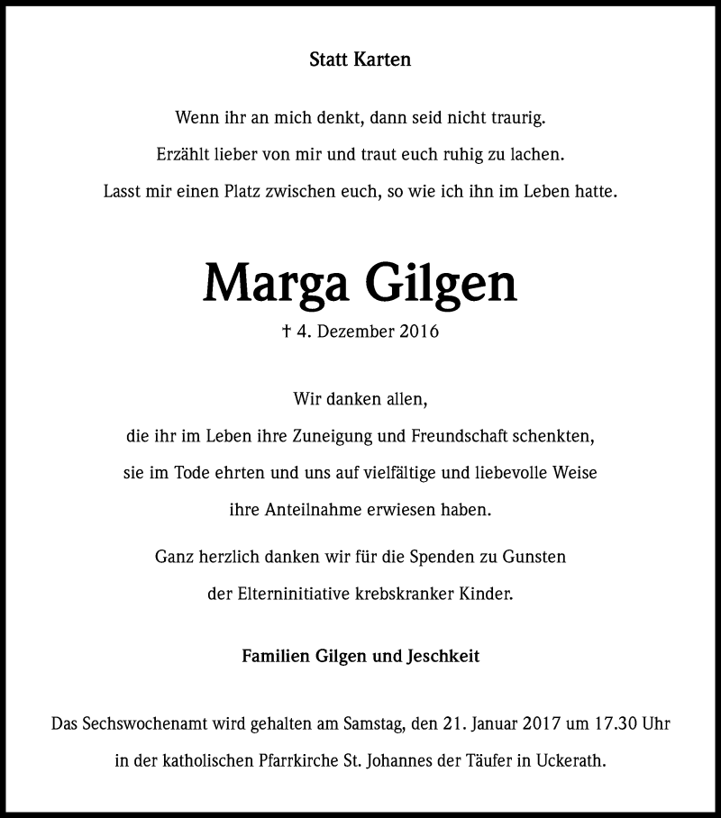  Traueranzeige für Marga Gilgen vom 18.01.2017 aus Kölner Stadt-Anzeiger / Kölnische Rundschau / Express