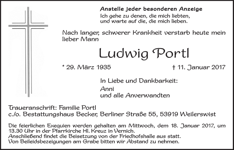  Traueranzeige für Ludwig Portl vom 14.01.2017 aus  Blickpunkt Euskirchen 