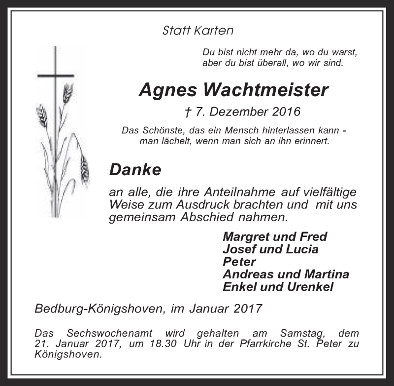  Traueranzeige für Agnes Wachtmeister vom 11.01.2017 aus  Werbepost 