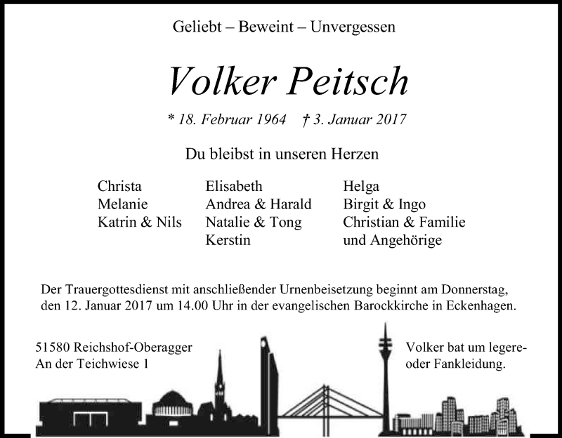  Traueranzeige für Volker Peitsch vom 07.01.2017 aus Kölner Stadt-Anzeiger / Kölnische Rundschau / Express