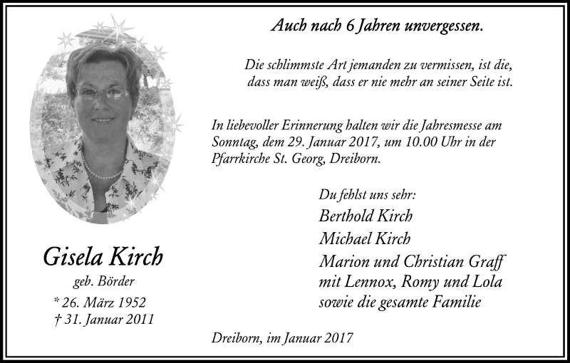  Traueranzeige für Gisela Kirch vom 23.01.2017 aus Kölner Stadt-Anzeiger / Kölnische Rundschau / Express