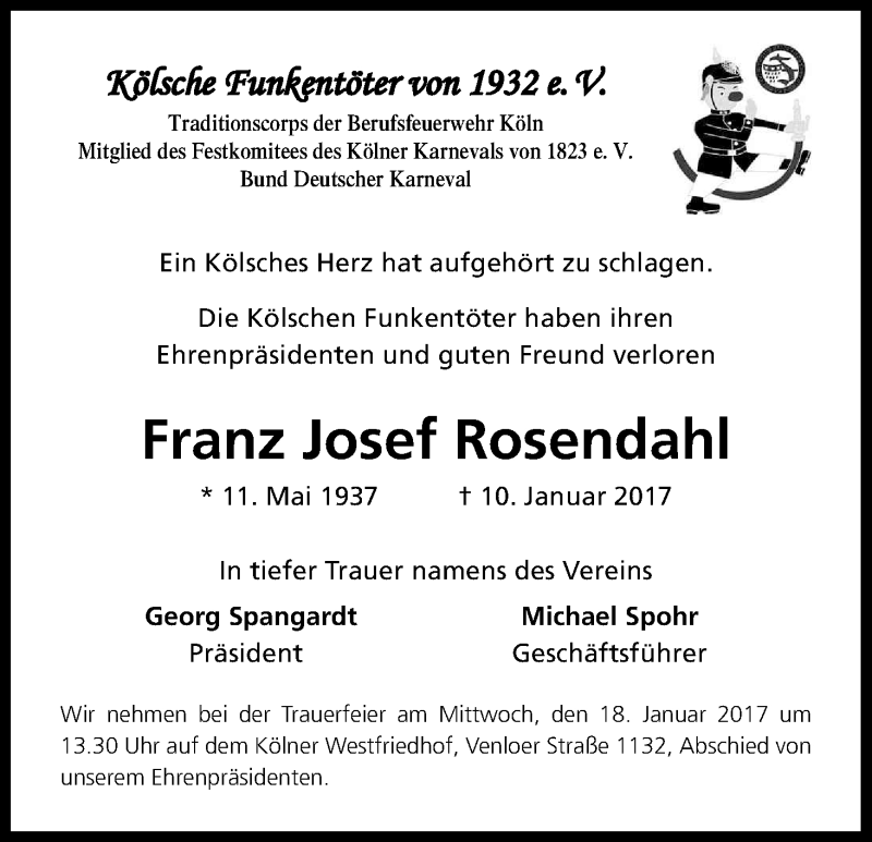 Traueranzeige für Franz Josef Rosendahl vom 16.01.2017 aus Kölner Stadt-Anzeiger / Kölnische Rundschau / Express