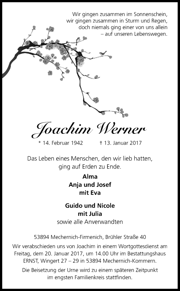  Traueranzeige für Joachim Werner vom 17.01.2017 aus Kölner Stadt-Anzeiger / Kölnische Rundschau / Express