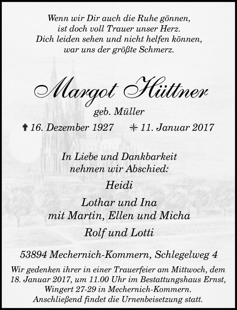  Traueranzeige für MArgot Hüttner vom 14.01.2017 aus  Blickpunkt Euskirchen 