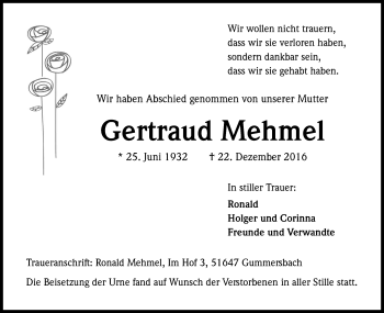 Anzeige von Gertraud Mehmel von Kölner Stadt-Anzeiger / Kölnische Rundschau / Express