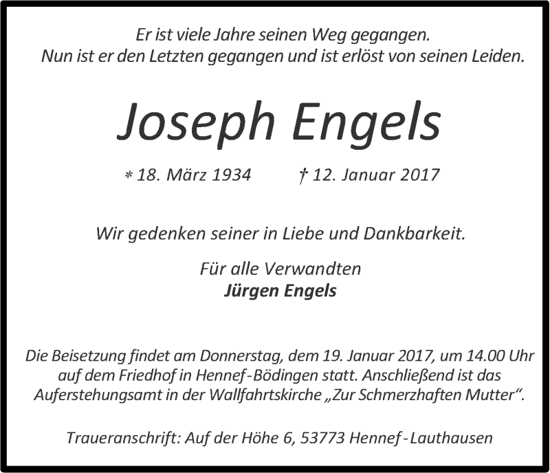  Traueranzeige für Joseph Engels vom 14.01.2017 aus Kölner Stadt-Anzeiger / Kölnische Rundschau / Express
